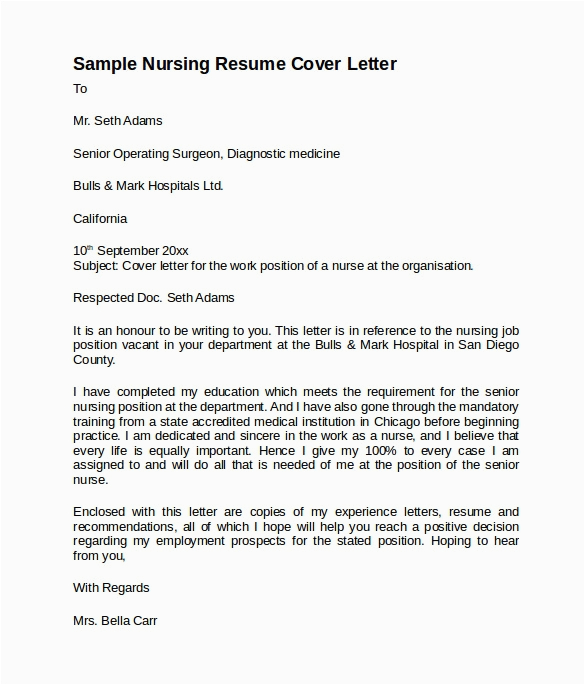 Sample Nursing Resumes and Cover Letters 8 Nursing Cover Letter Templates to Download