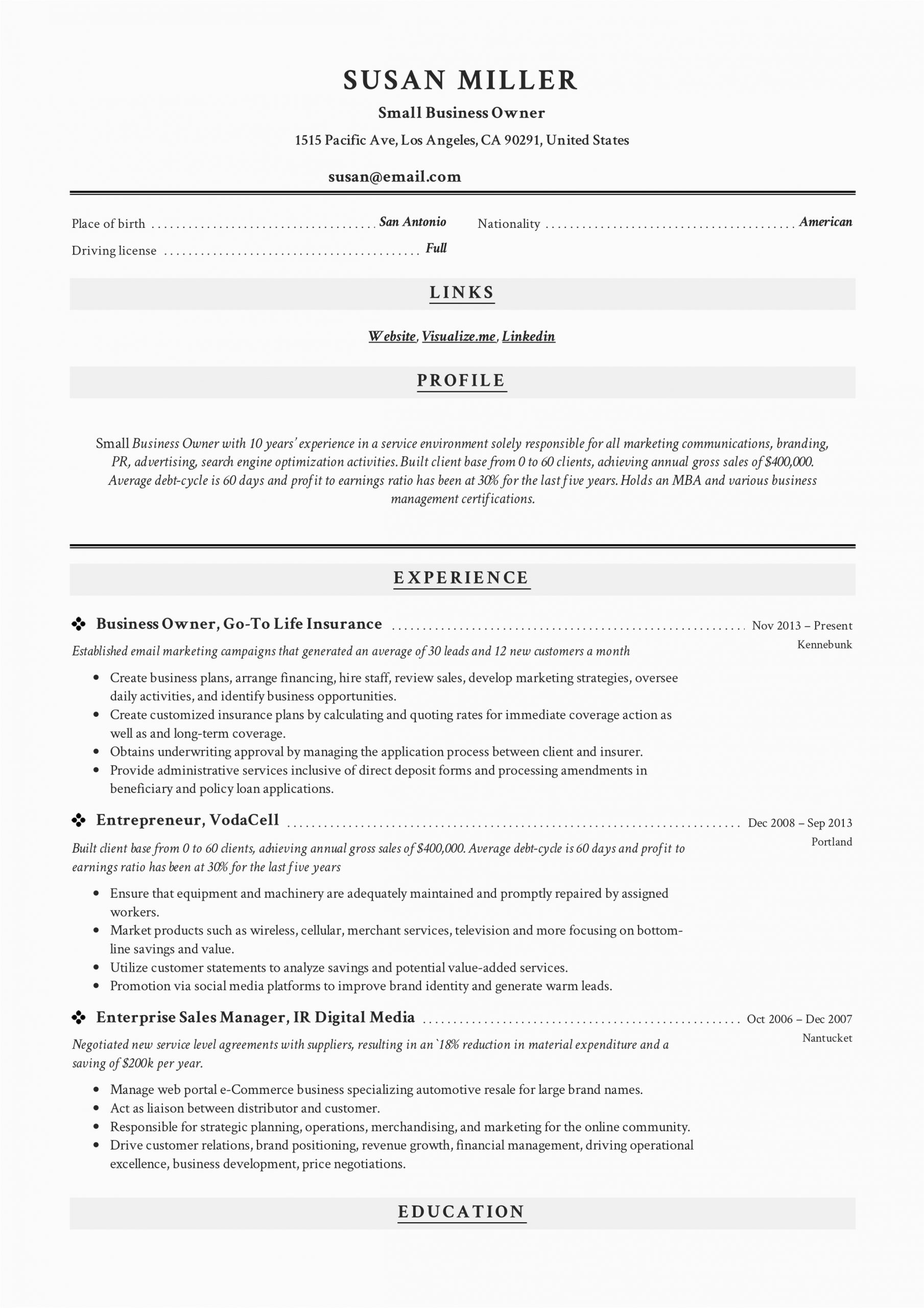 small cleaning business owner resume