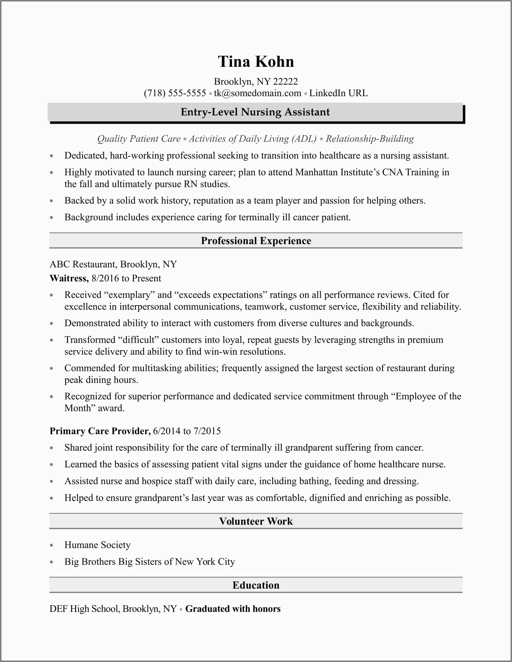 resume example for cna with no experience