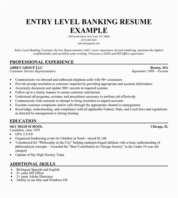 entry level bank resume