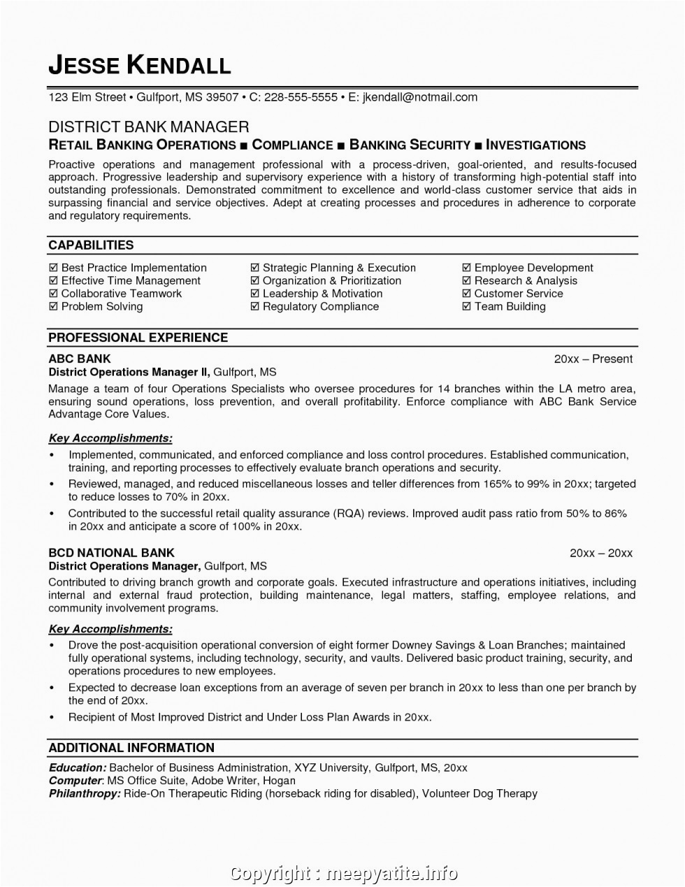 simple operations manager bank resume