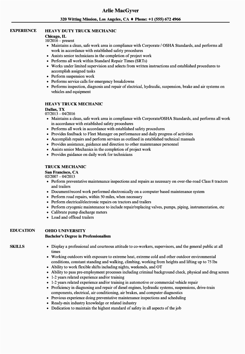 Sample Resume for Diesel Truck Mechanic Diesel Mechanic Job Description for Resume Shjones Ohmsjones