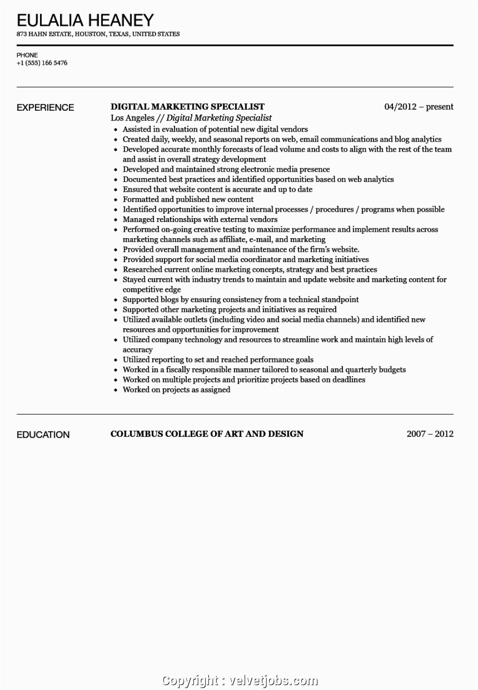 modern digital marketing specialist resume sample