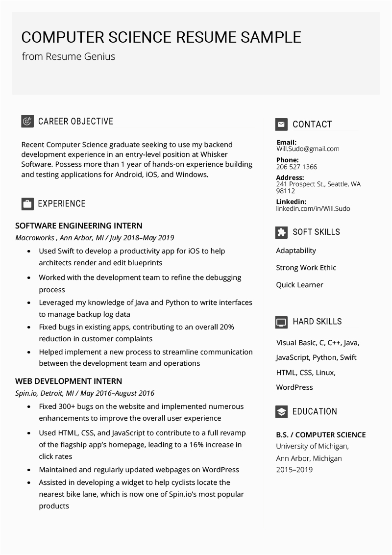 Sample Resume for Diploma In Computer Science Professional Puter Science Resume Example In 2020