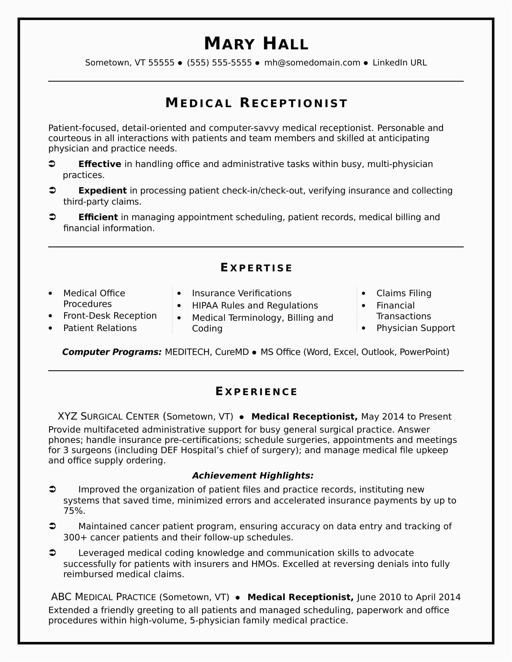 medical receptionist resume sample