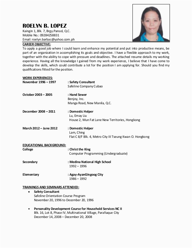Sample Resume for Domestic Helper without Experience Domestic Helper Resume Sample