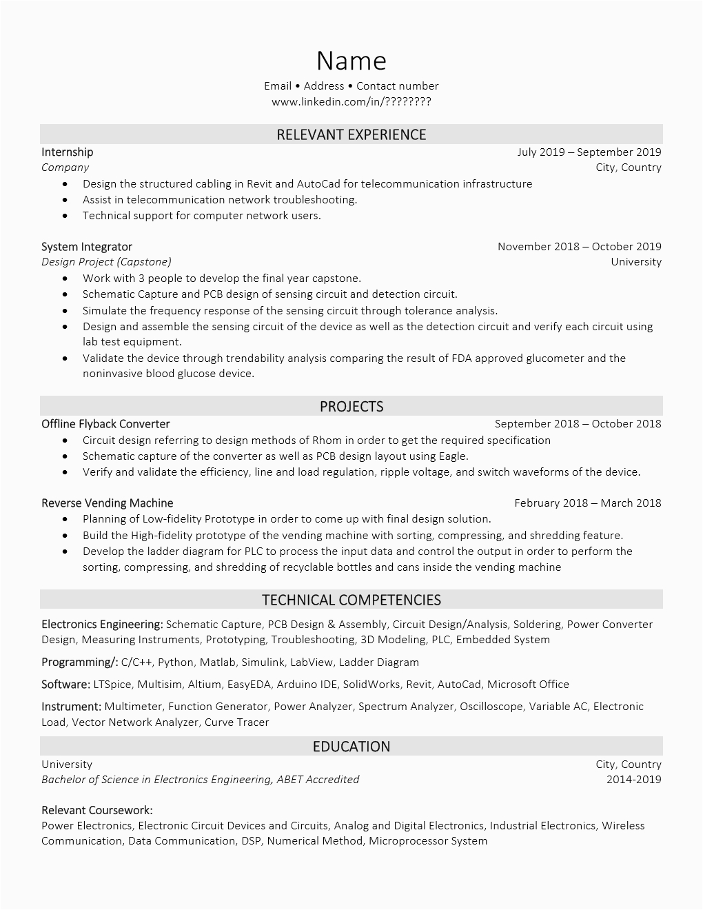 resume critique fresh graduate from other country