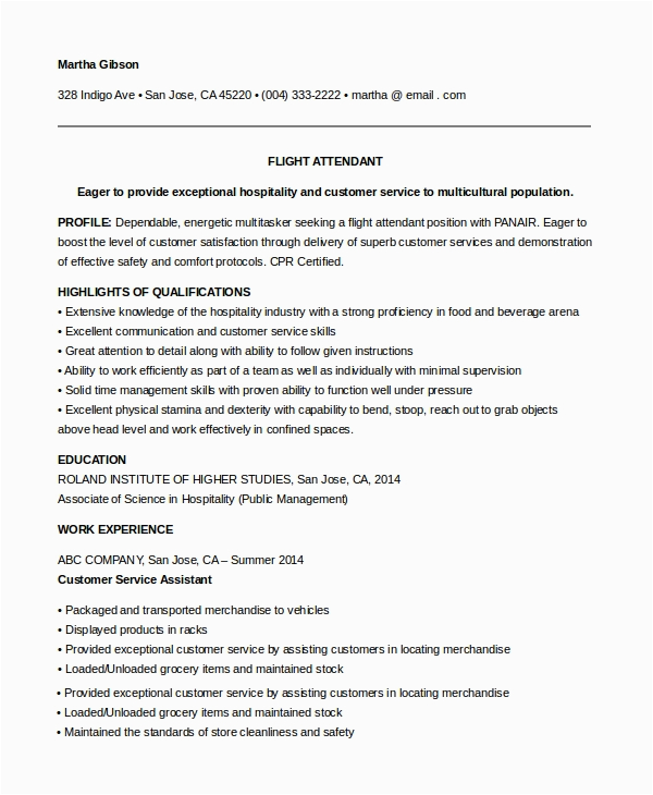 Sample Resume for Flight attendant with No Experience Pdf Free 6 Sample Flight attendant Resume Templates In Pdf