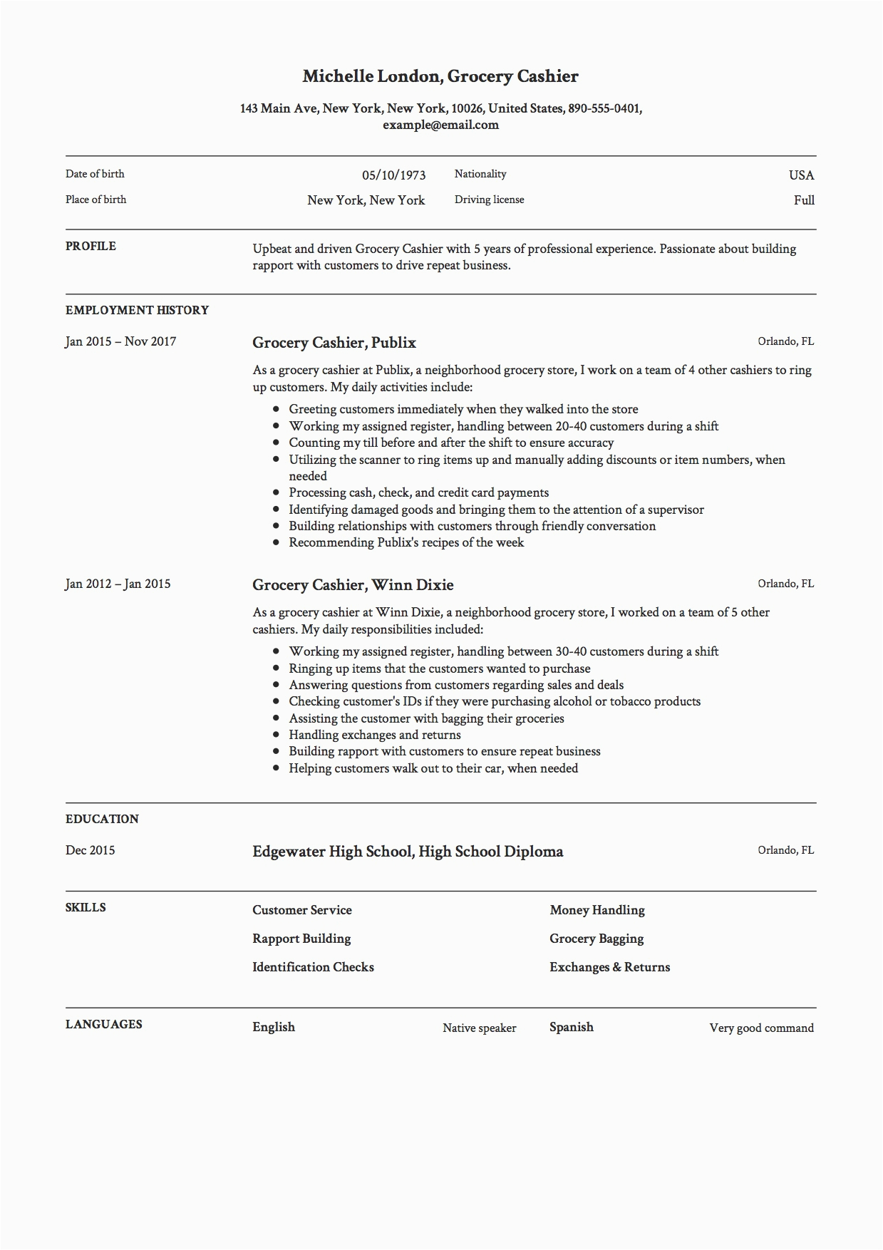 grocery cashier resume