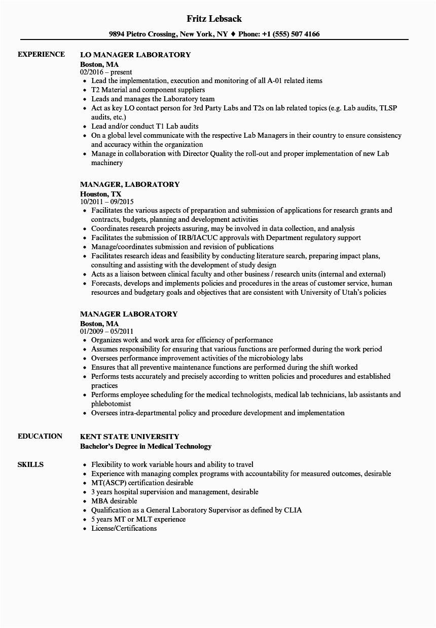 manager laboratory resume sample