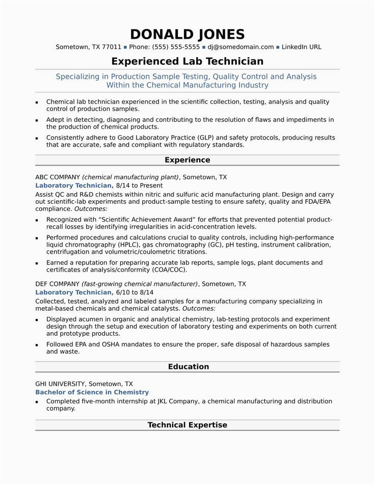 Sample Resume for Lab Technician Entry Level Entry Level Chemist Resume Unique Midlevel Lab Technician