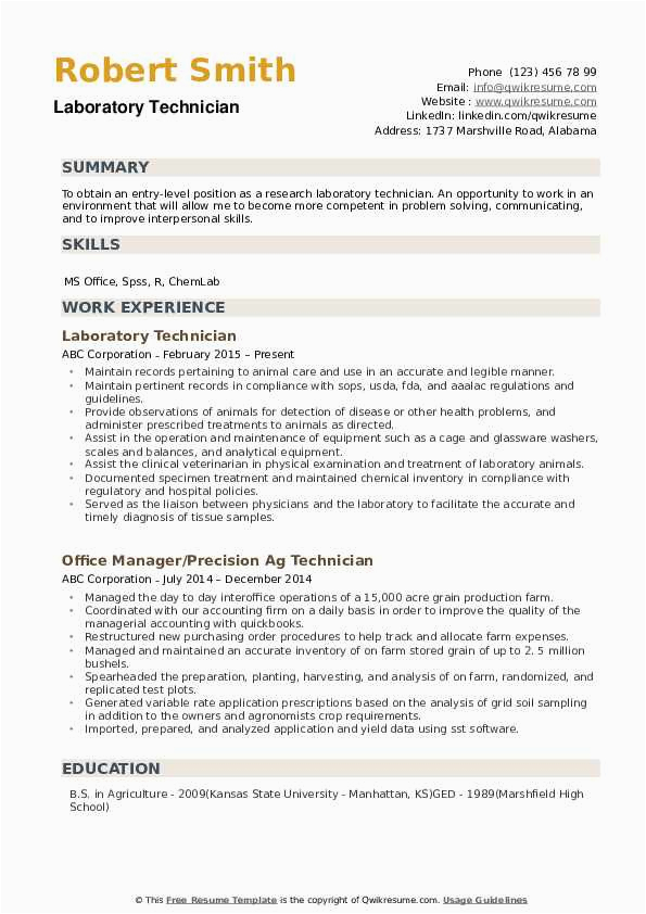 Sample Resume for Lab Technician Entry Level Laboratory Technician Resume Samples