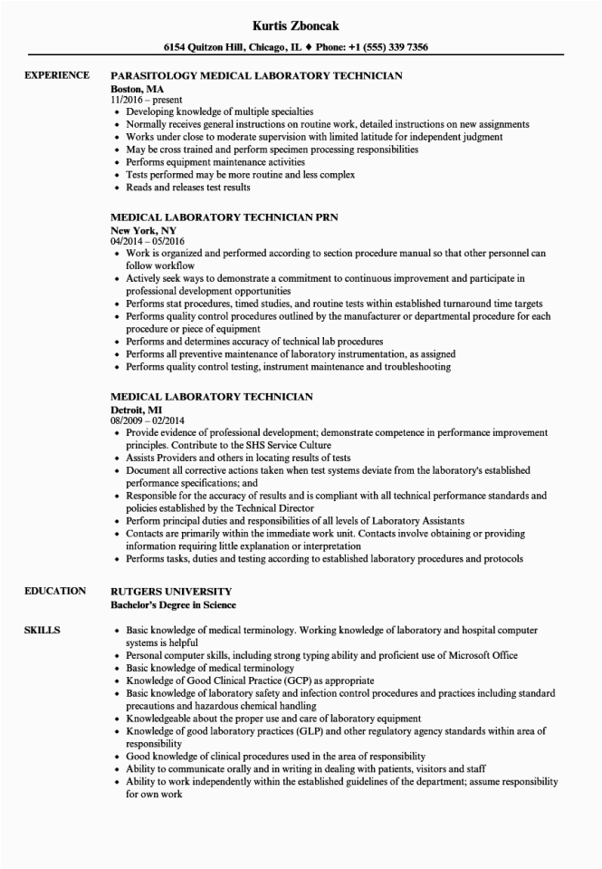 Sample Resume for Lab Technician Entry Level Resume for Lab Technician Resume Sample