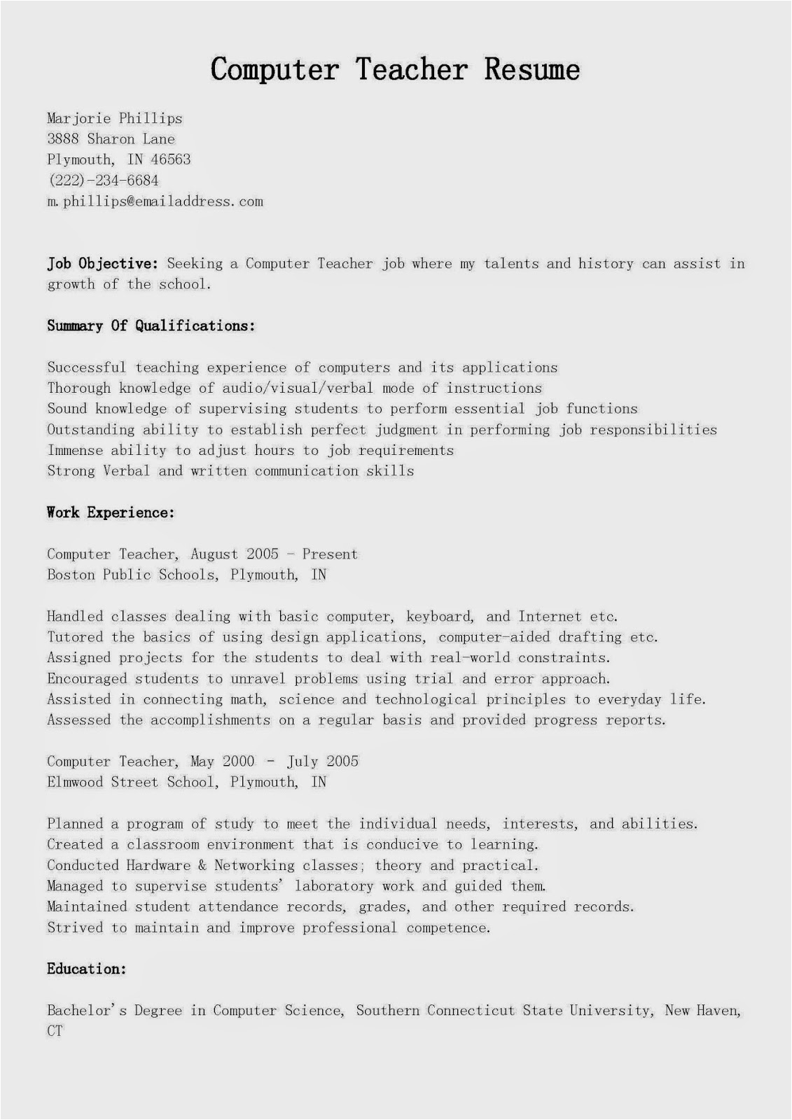 Sample Resume for Lecturer In Computer Science Resume Samples Puter Teacher Resume Sample