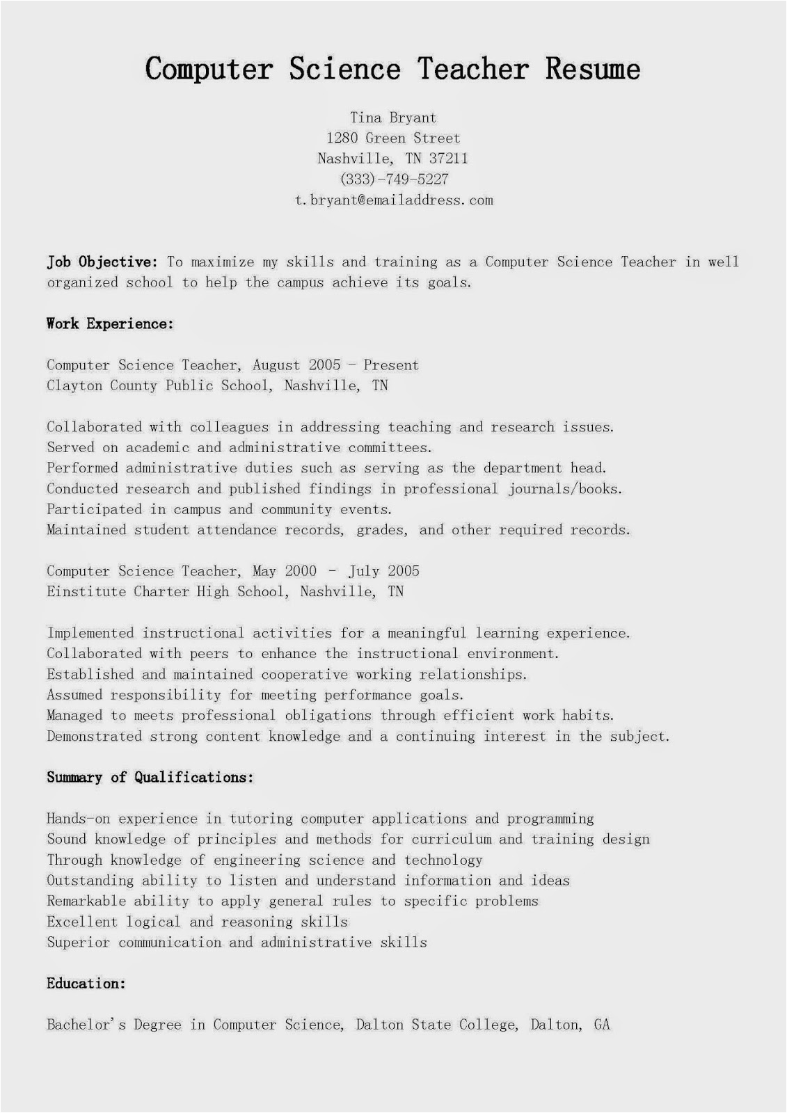 Sample Resume for Lecturer In Computer Science with Experience Resume Samples Puter Science Teacher Resume Sample