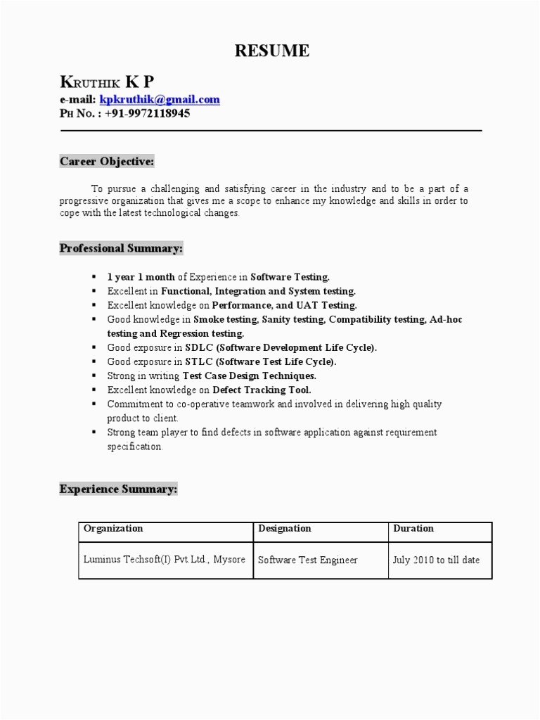 resume format 1 year experienced software engineer