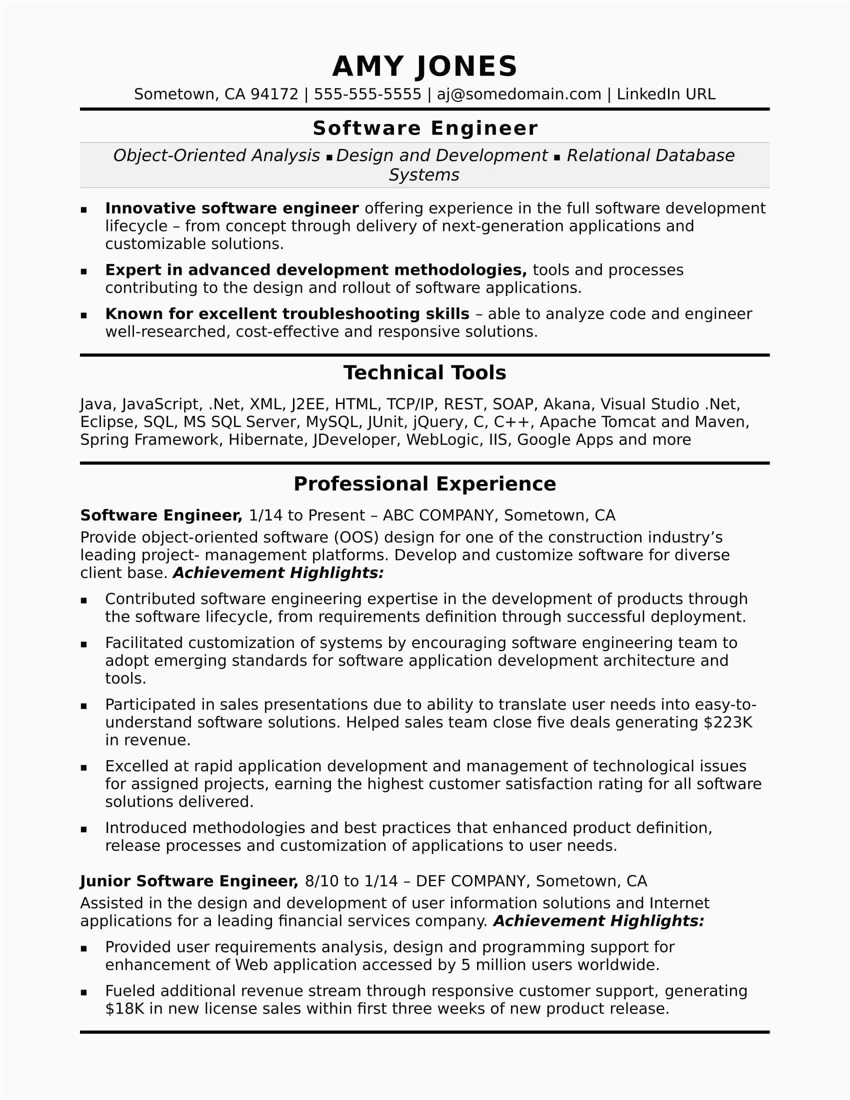sample resume for one year experienced software engineer