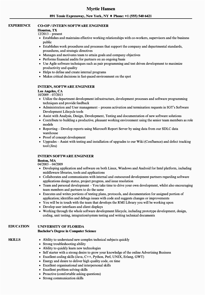 engineering sample resume for internship