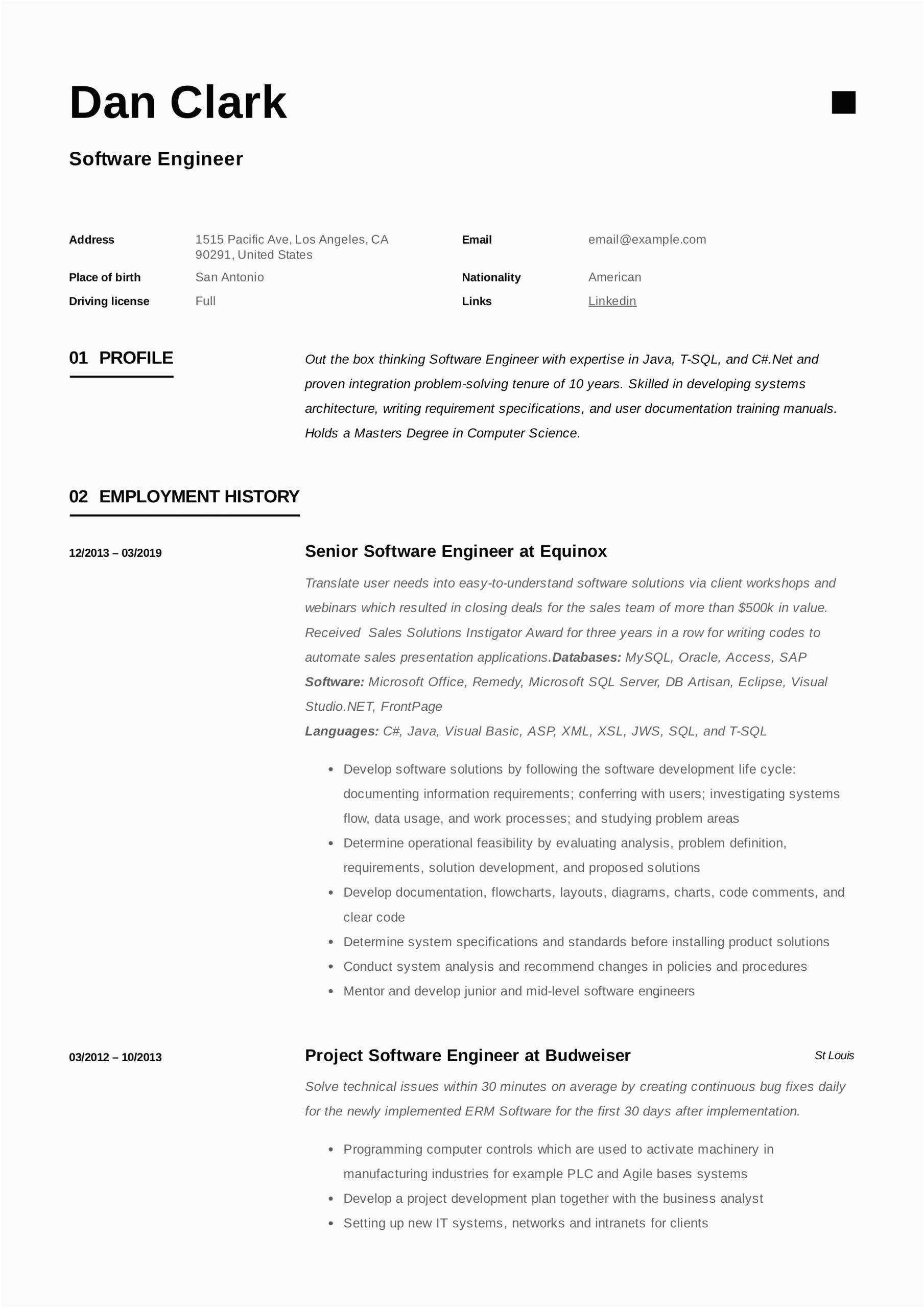 10 years experience software engineer resume