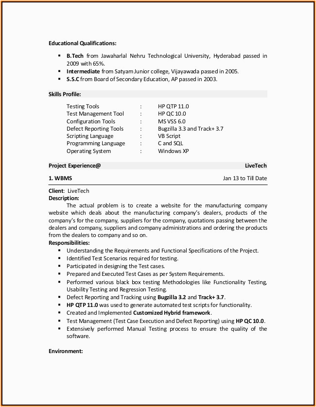 sample resume for software tester fresher