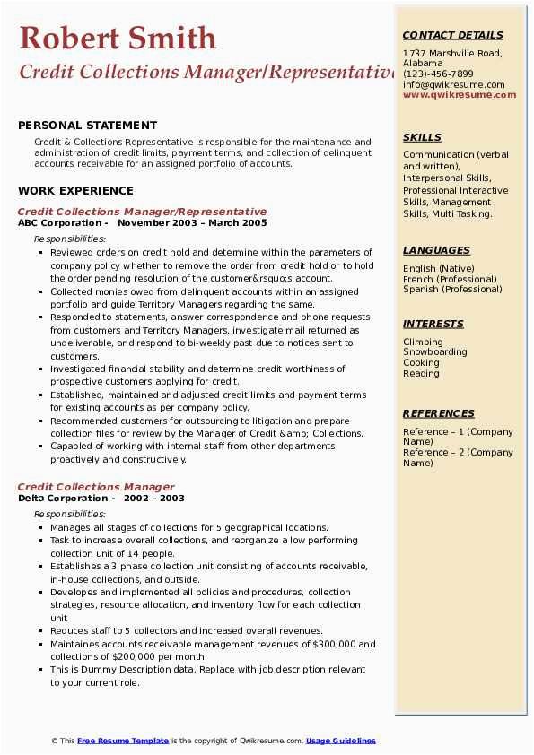 Sample Resume for the Post Of Credit Manager Credit Collections Manager Resume Samples