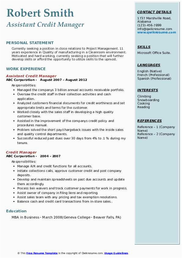 Sample Resume for the Post Of Credit Manager Credit Manager Resume Samples