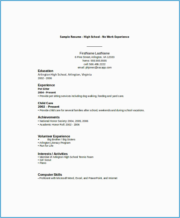 high school student resume template no experience