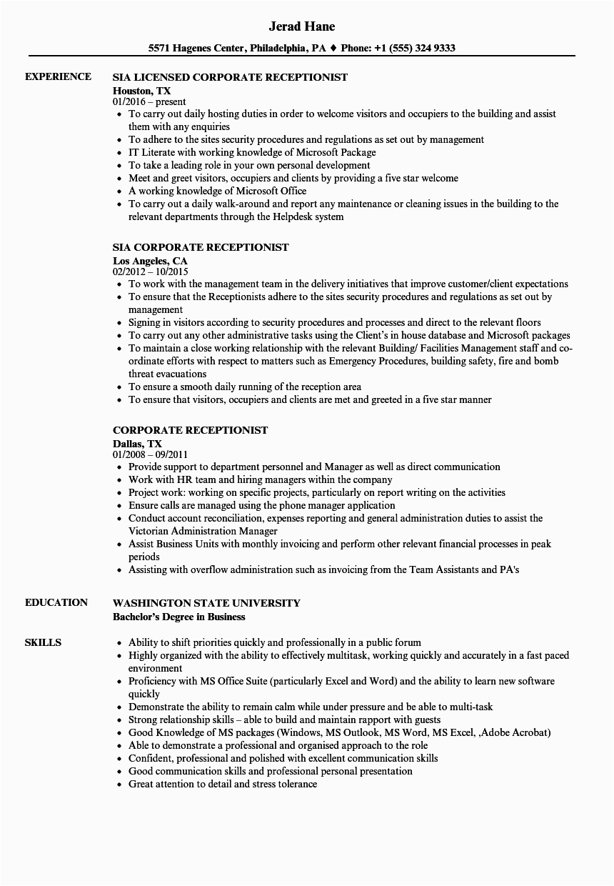 sample resume for receptionist position