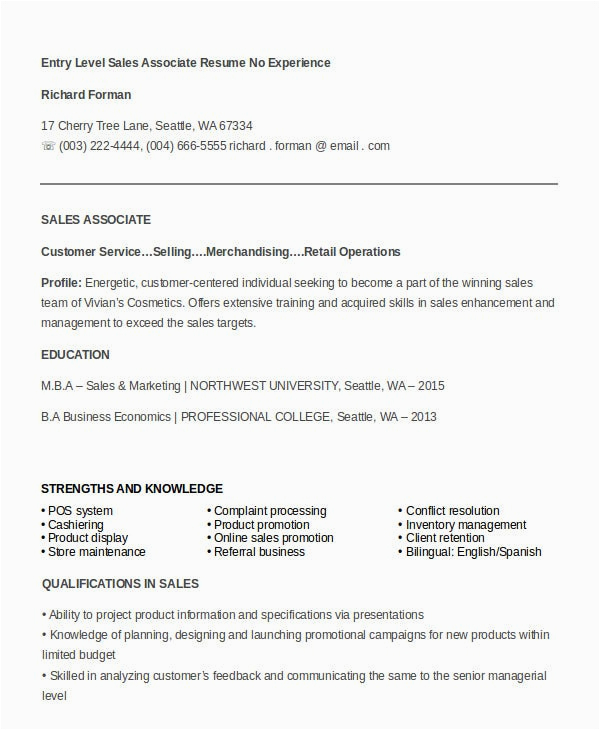 Sample Retail Sales associate Resume with No Experience 7 Sales associate Resume Templates Pdf Doc
