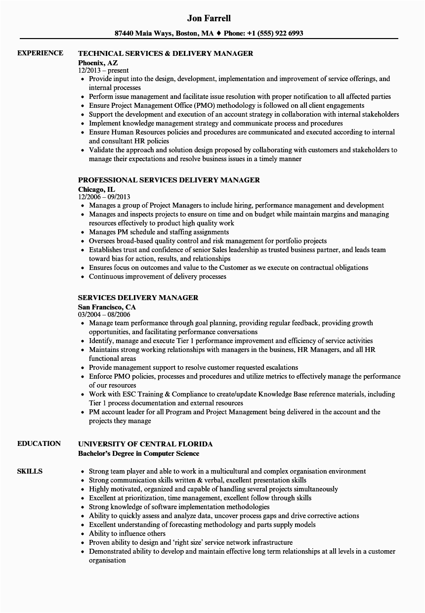 services delivery manager resume sample