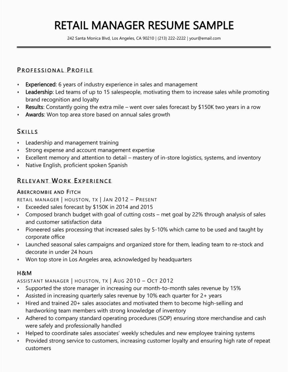 Sample Skills and Abilities for Management Resume Retail Management Resume Template