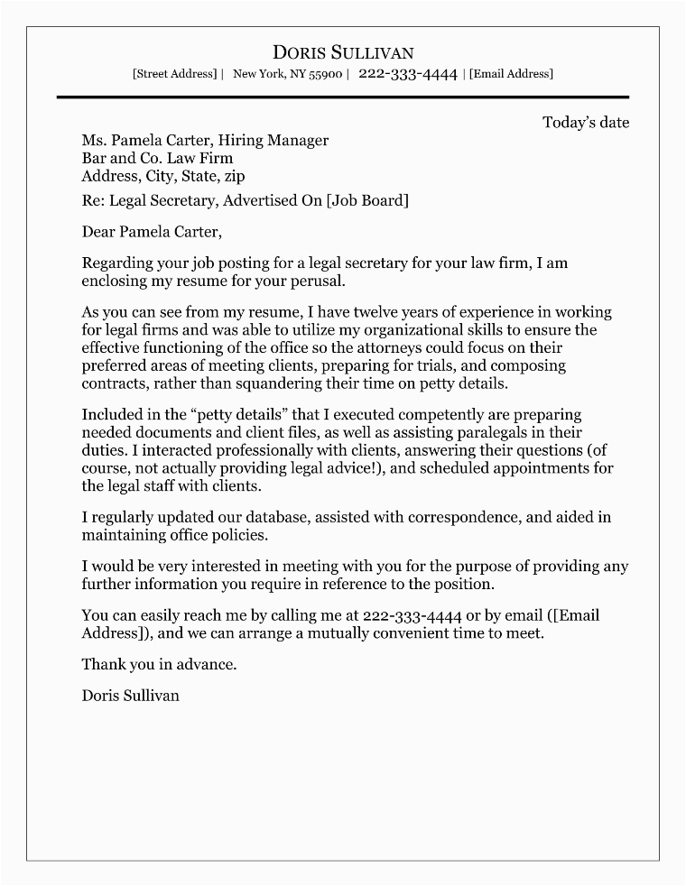 Secretary Cover Letter for Resume Samples Legal Secretary Cover Letter Sample