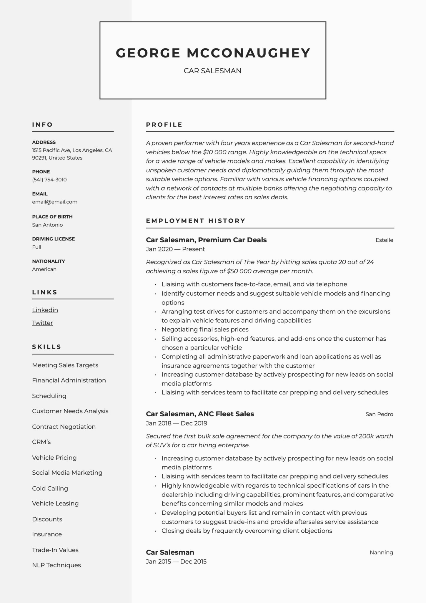 Car Salesman Job Description Resume Sample Car Salesman Resume & Writing Guide