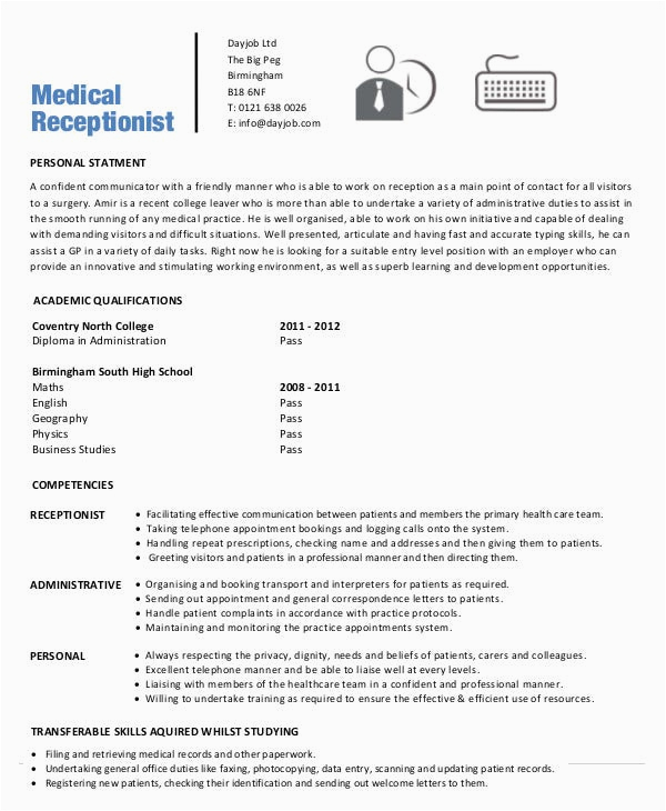 Entry Level Medical Receptionist Resume Sample 5 Medical Receptionist Resume Templates Pdf Doc