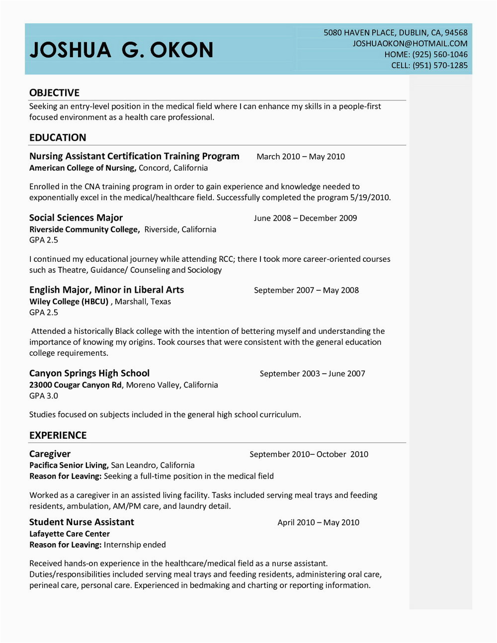 sample resume for nursing assistant entry level