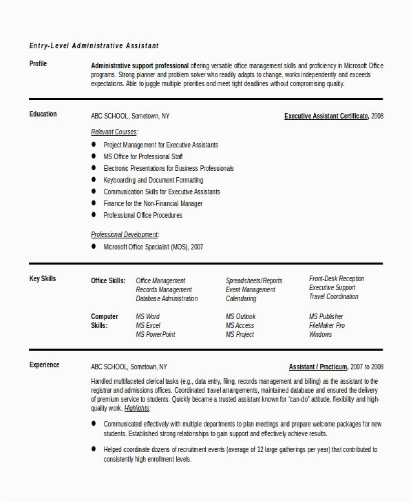 Entry Level Office assistant Resume Sample Entry Level Administrative assistant Resume – 7 Free Pdf