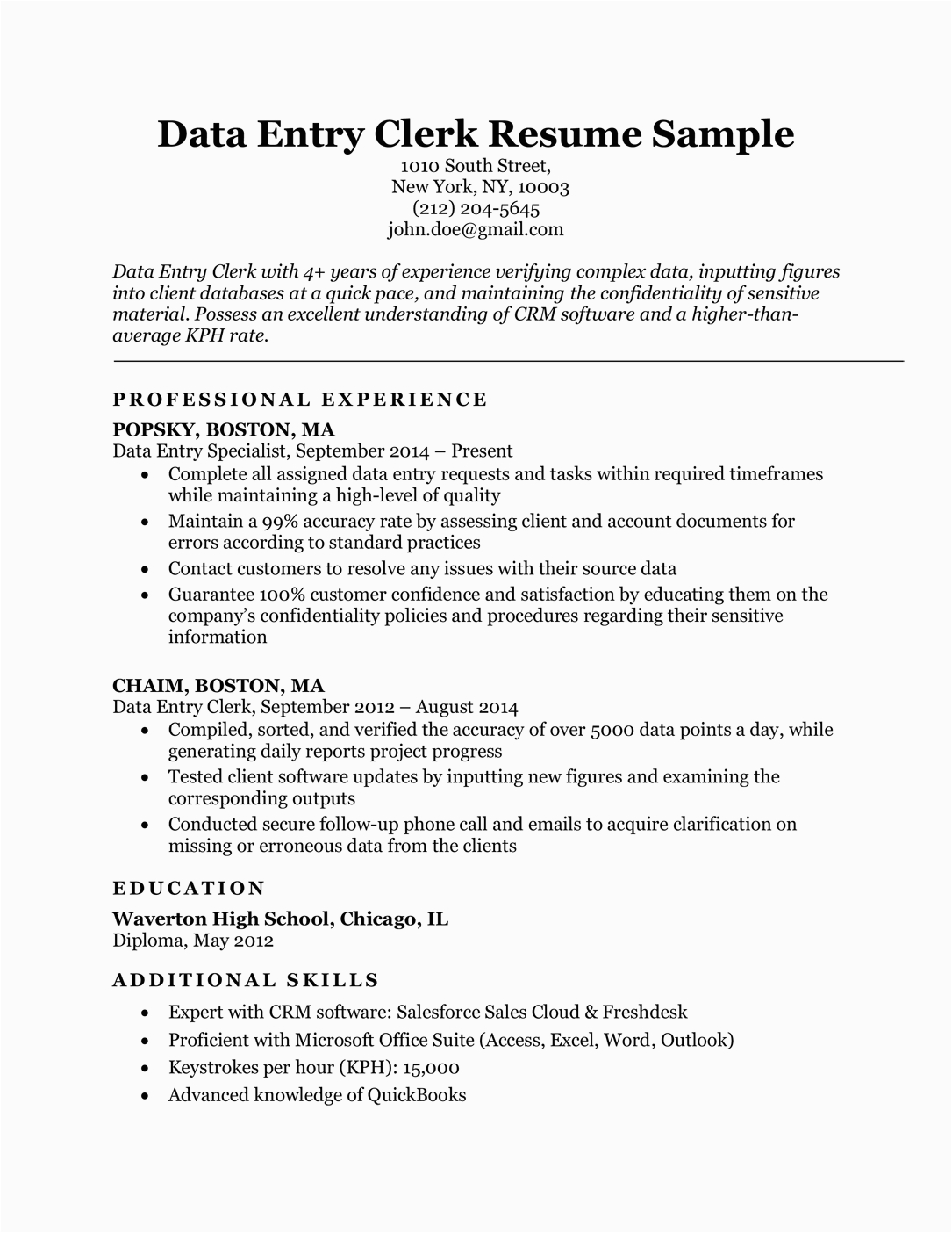 data entry clerk resume sample