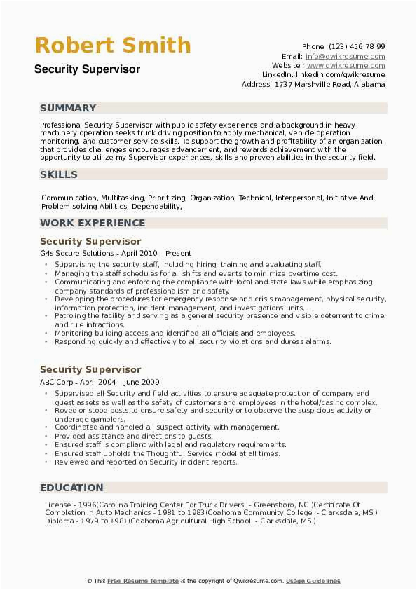 Free Sample Resume for Security Supervisor Security Supervisor Resume Samples