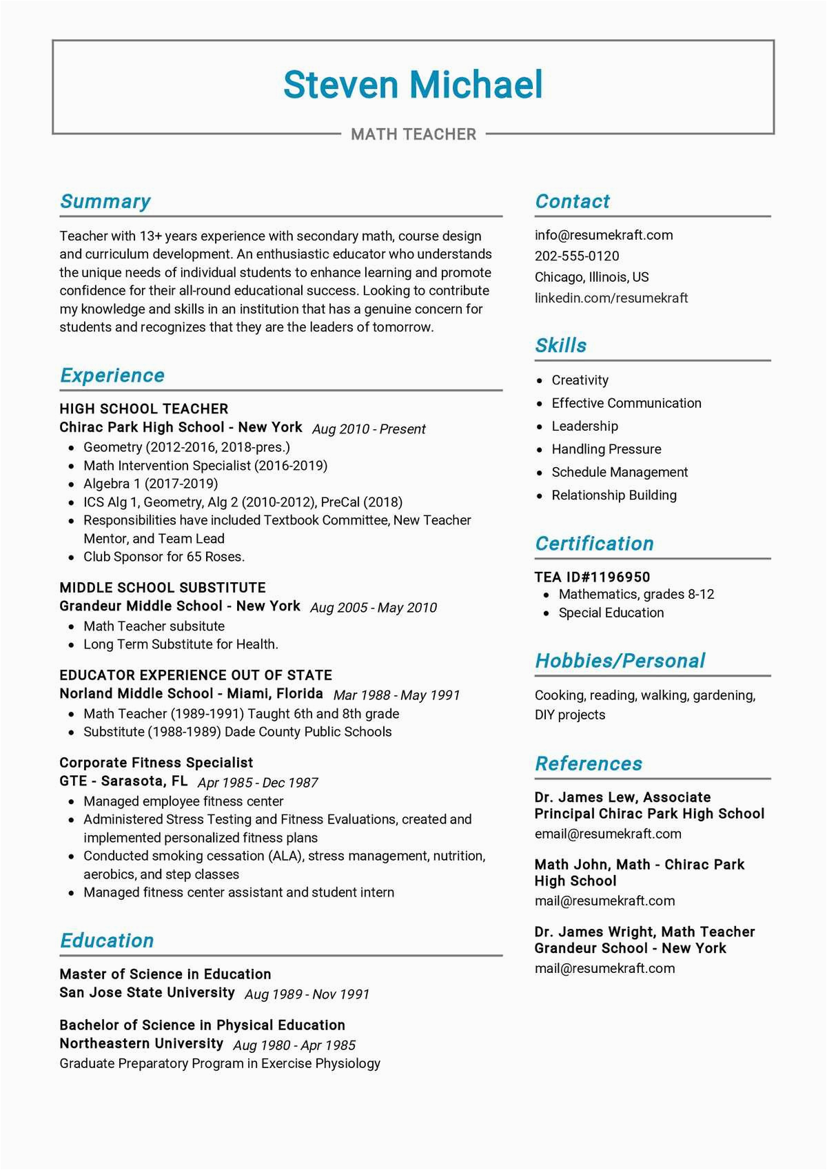 math teacher resume sample 2