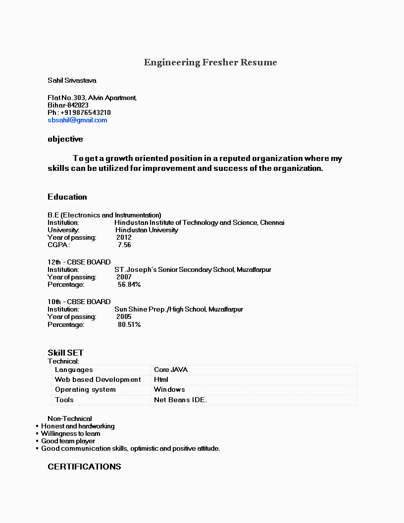 fresher resume for engineering student