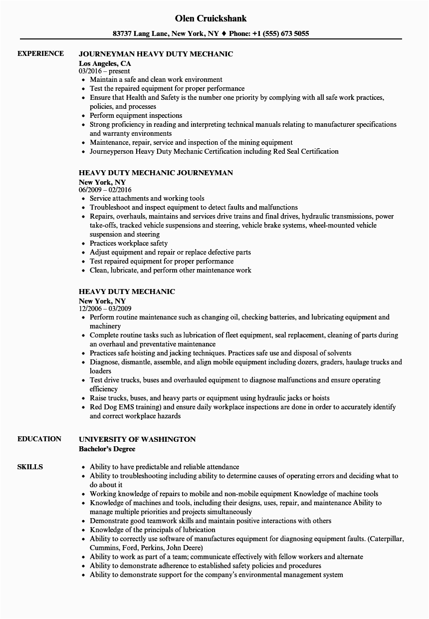 heavy duty mechanic resume sample