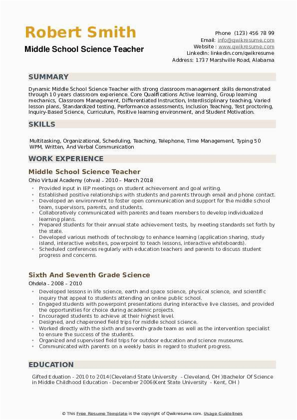 Middle School Science Teacher Resume Samples Middle School Science Teacher Resume Samples