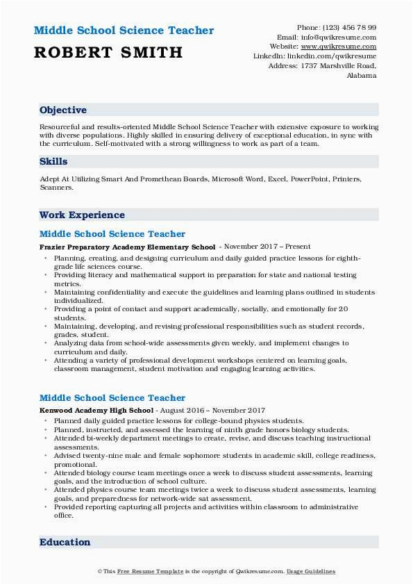 Middle School Science Teacher Resume Samples Middle School Science Teacher Resume Samples