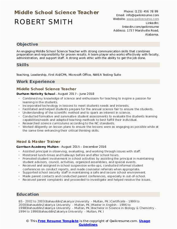 Middle School Science Teacher Resume Samples Middle School Science Teacher Resume Samples