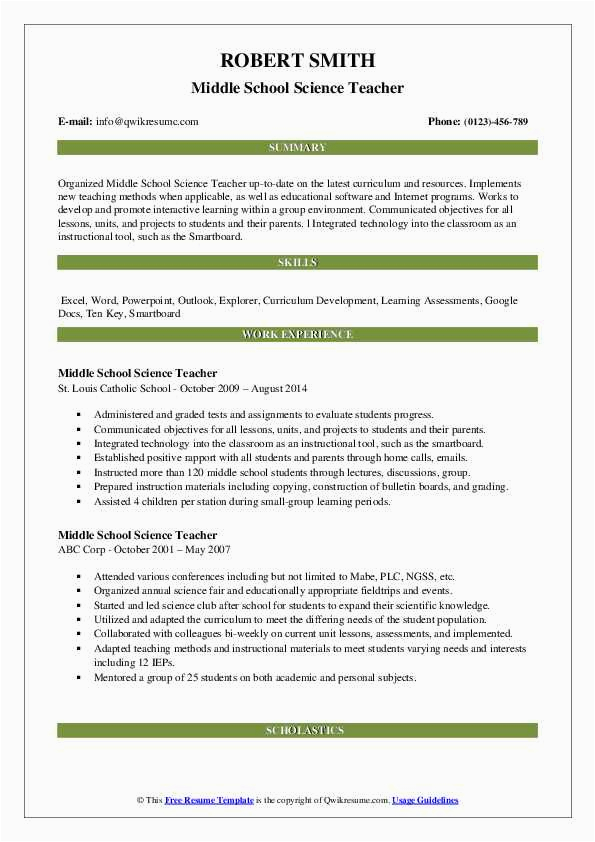 Middle School Science Teacher Resume Samples Middle School Science Teacher Resume Samples