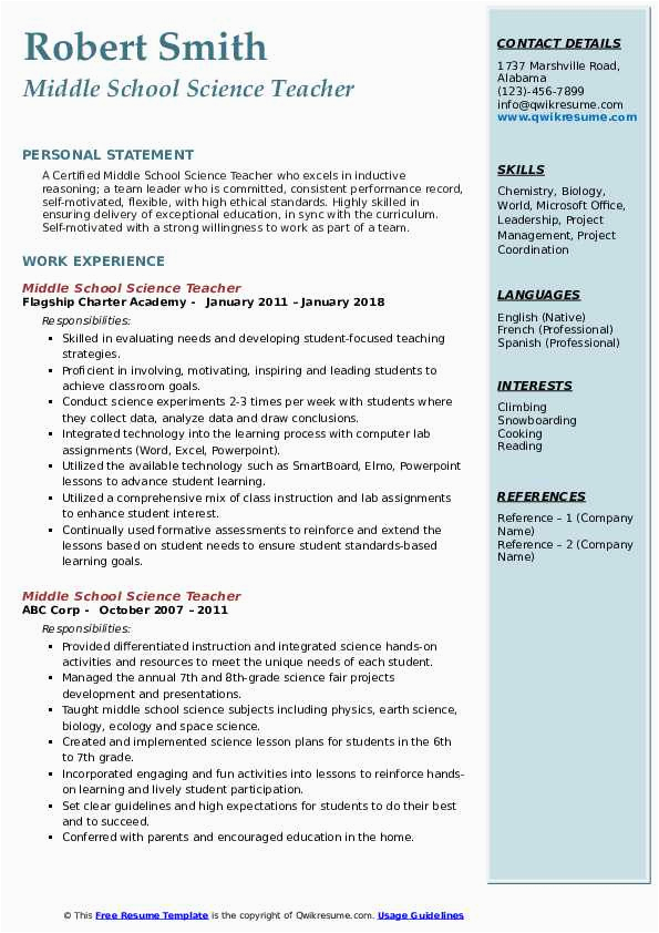 Middle School Science Teacher Resume Samples Middle School Science Teacher Resume Samples