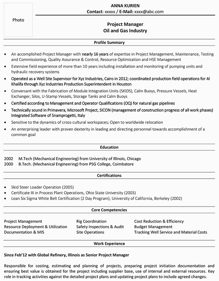 Oil and Gas Project Engineer Resume Sample Project Manager Cv format – Project Manager Resume Sample