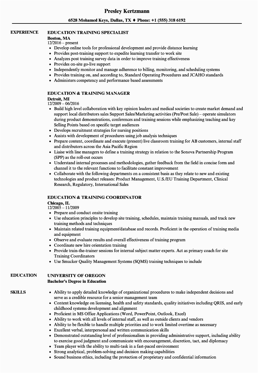 On the Job Training Resume Sample Resume Examples for Training Specialist Training