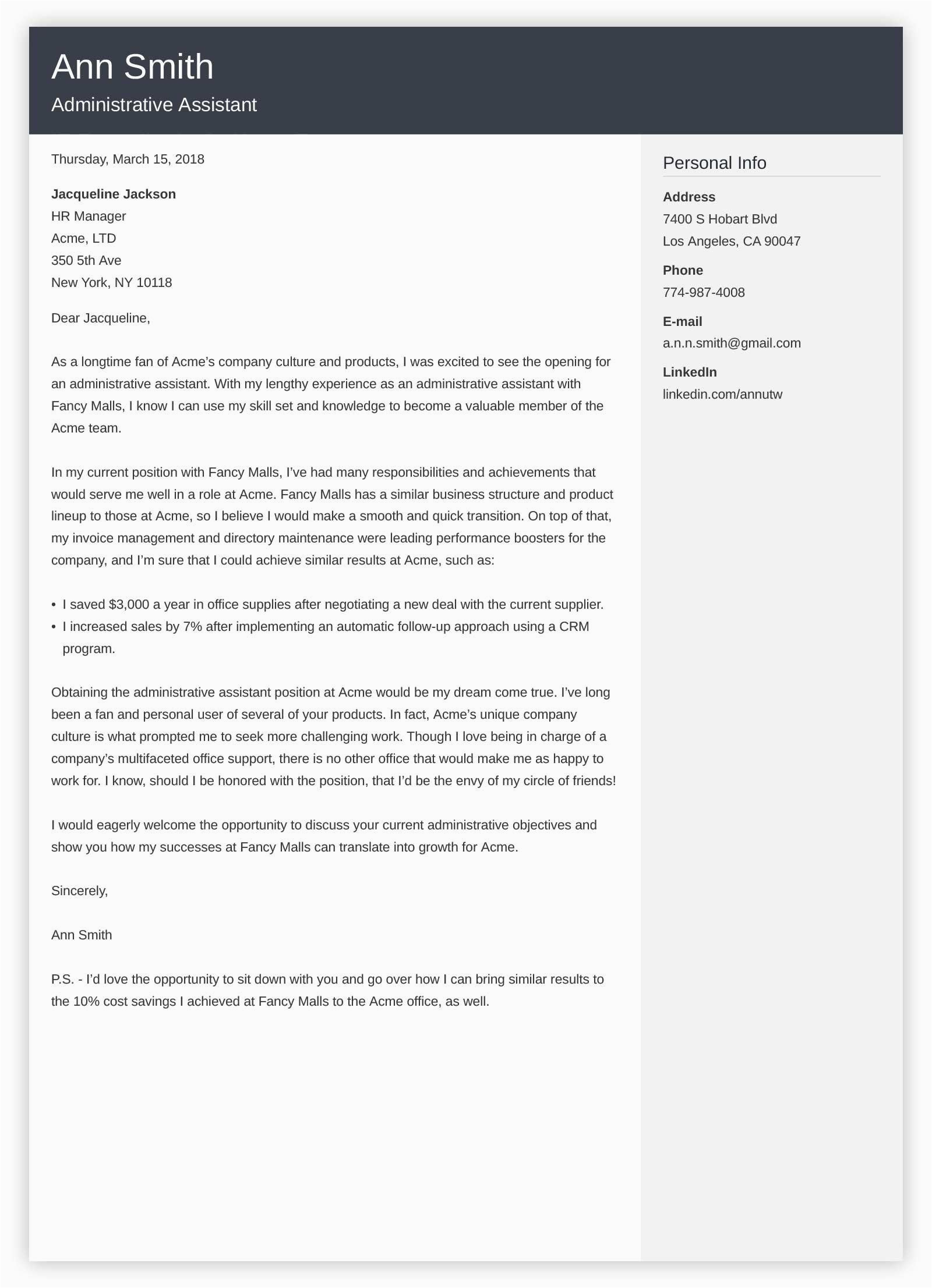 administrative assistant cover letter example