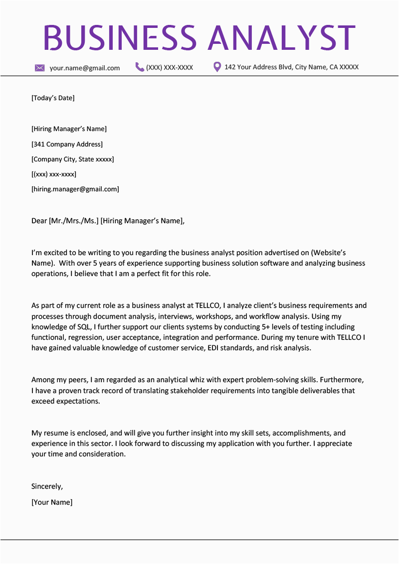 business analyst cover letter sample